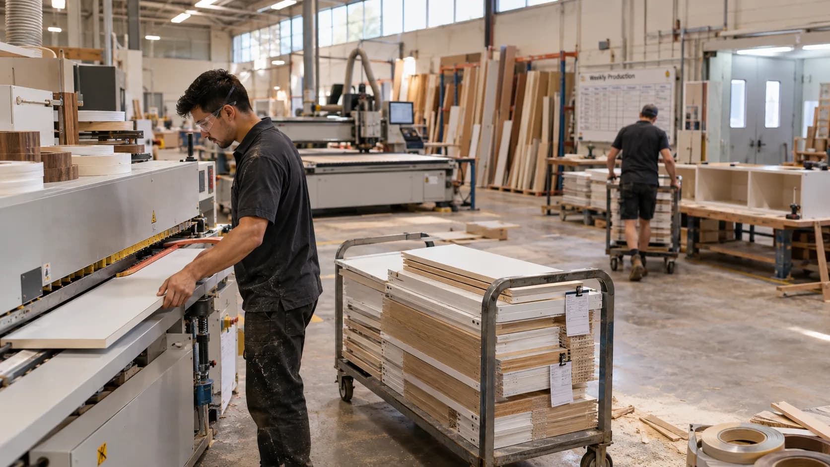 Cabinet maker feeding a panel through an edgebander in a busy joinery workshop with cut parts staged on trolleys