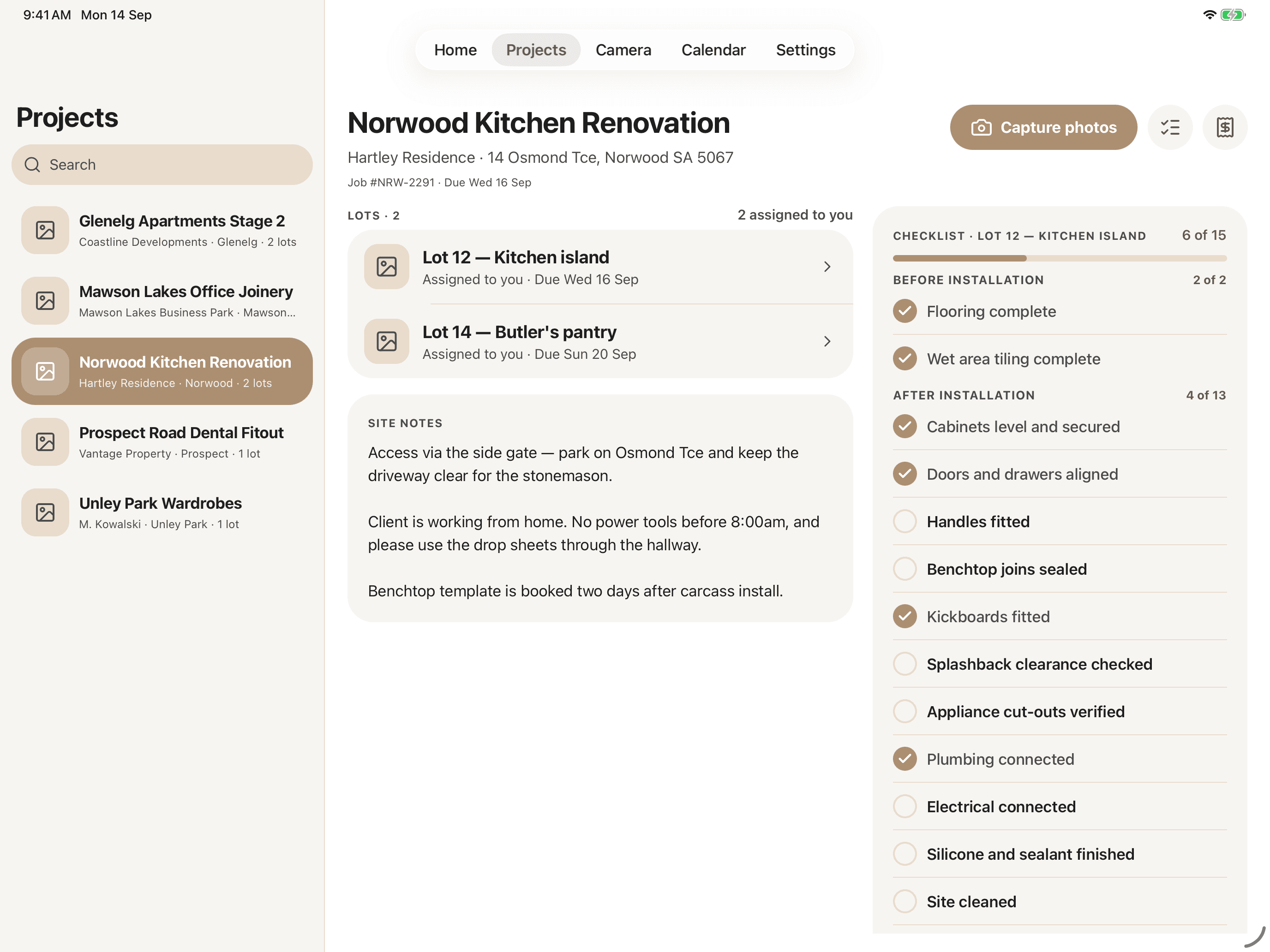 CabiPro on iPad: the projects list, the Norwood Kitchen Renovation job with its assigned lots and site notes, and the install checklist, all in three columns.