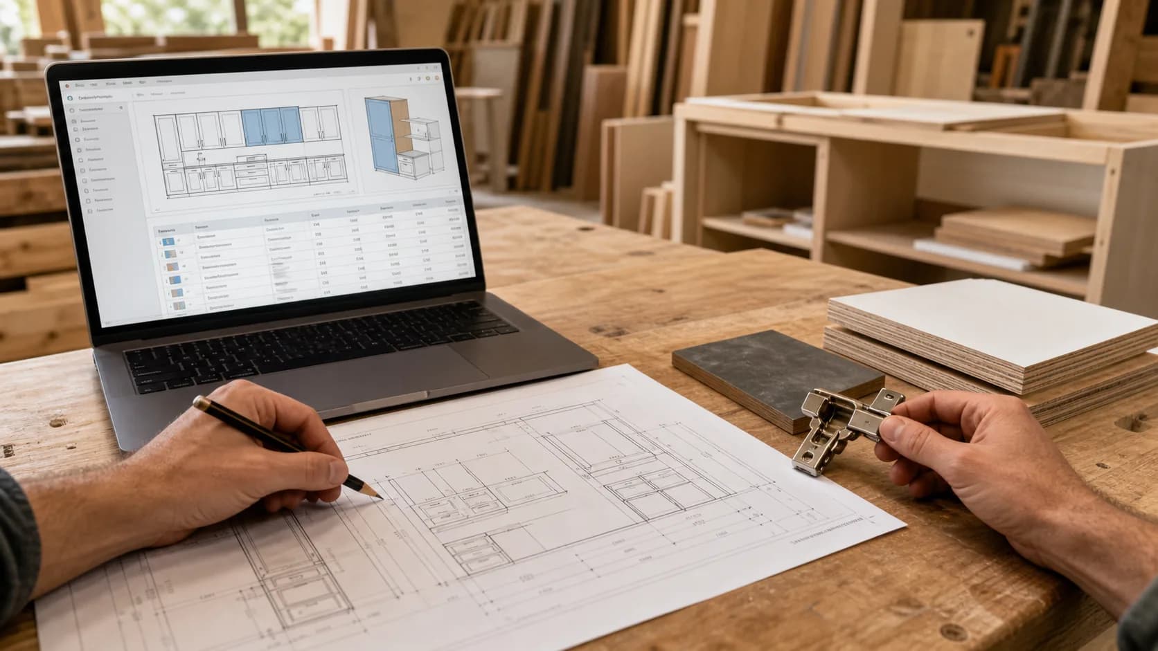 Cabinet maker checking joinery drawings and a hinge beside a laptop estimate and timber samples
