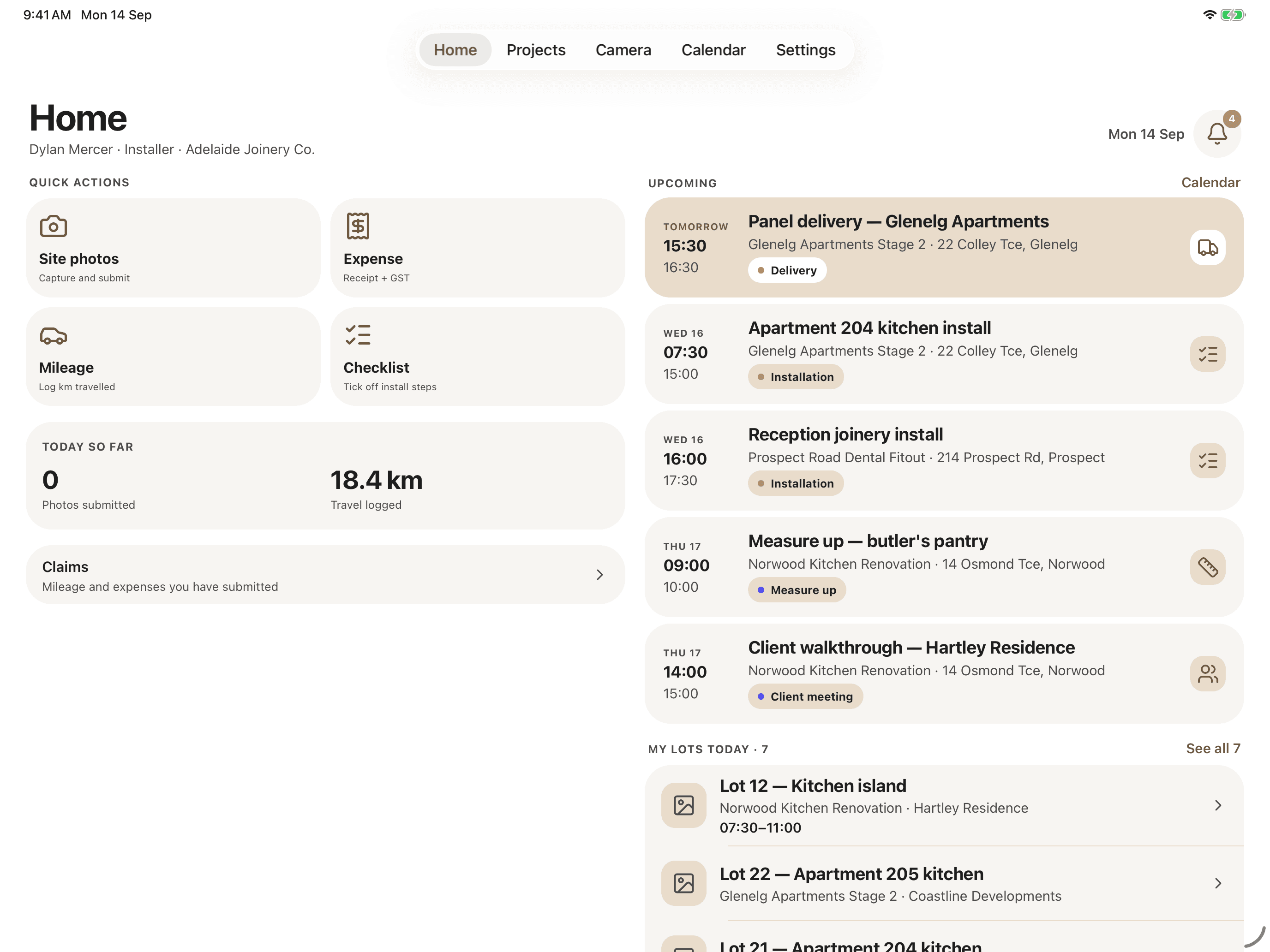 CabiPro Home screen on iPad, laid out in two columns: quick actions and the day's totals on the left, upcoming jobs and assigned lots on the right.
