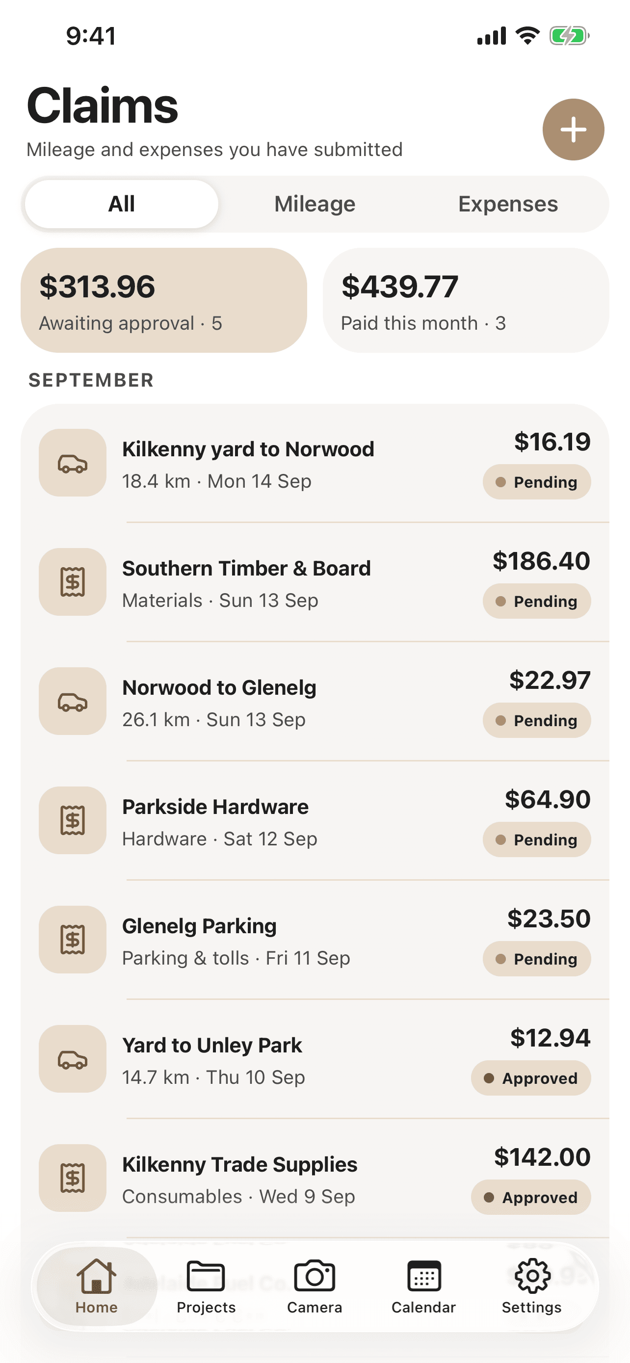 CabiPro claims screen on iPhone listing mileage and expense claims for September with pending and approved status badges, and totals awaiting approval.